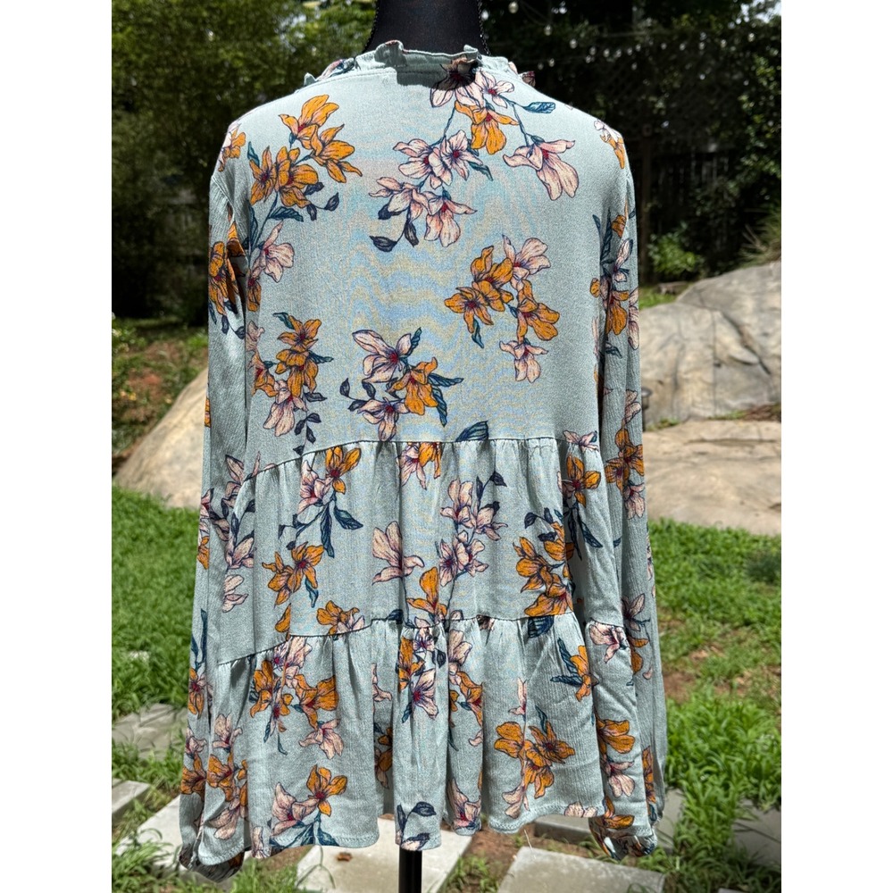 Easel Sage Green Floral Tiered Babydoll Tunic Top Tie Neck Long Sleeve Small - Picture 3 of 5